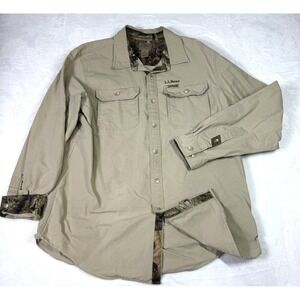 LL Bean Camo Shirt Mens Large Beige Ripstop Workwear Hunting Snap Front